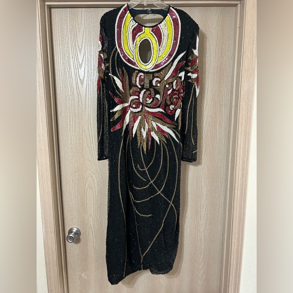 Anjumün California Black Sequin Evening Dress Red Gold Floral Accent CutOut Silk